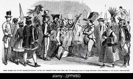 Fancy Masked Ball der Liederkranz Society, in den City Assembly Rooms, New York - Burlesque Band von Straßenmusikern. 15. Februar 1860. 19.. Jahrhundert Illustration aus Frank Leslie's Illustrated Newspaper Stockfoto