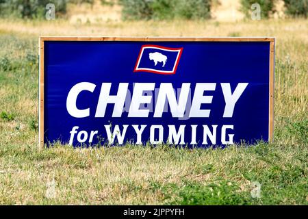 2022 Wahlkampf im Kongress von Wyoming unterzeichnet die Wiederwahl von Liz Cheney in das US-Repräsentantenhaus Stockfoto