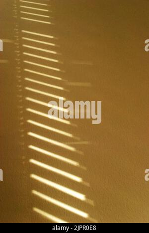 Abstrakter Streifen aus Schatten und Licht an einer Wand, von der Sonne, die durch Jalousien scheint Stockfoto