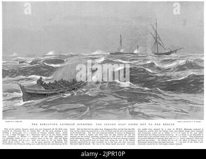 Ein zweites Rettungsboot macht sich auf den Weg, um dem gestrandeten Schiff Palmi vor der irischen Küste zu helfen, am 25. Dezember 1895. Das erste Rettungsboot mit einer Besatzung von 15 Personen ging bei seinem Versuch, zu helfen, verloren. Stockfoto