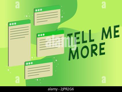 Inspiration Zeigen Zeichen Erzähl mir mehr, Geschäftsidee Ein Anruf, um ein Gespräch zu beginnen Teilen Sie mehr Wissen Chat-Tabs symbolisieren erfolgreiche Online-com Stockfoto