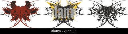 Schmetterlingsflügel isoliert auf weißem Hintergrund - drei Optionen. Gothische lineare Schmetterlinge und farbige Schmetterlinge für Schilde oder Sportembleme Stockfoto