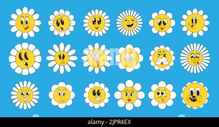Crasy, grooviger Hippie 70s, 60s, 30s Set-Vektor. Lustige Cartoon Kamille mit Gesichtern. Blume im Retro-Design von Daisy. Pflanze mit Maskottchen. Stock Vektor