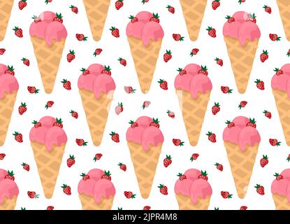Strawberry Eiscreme mit Waffelhorn, nahtloses Muster. Doodle schlampig Stil Aufkleber Label Molkerei Sommer Kinder Urlaub für Unternehmen handgemachte Verpackung Papier drucken Stoff Textil Tapete festlichen Hintergrund Stock Vektor