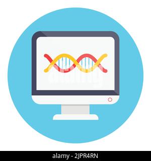 DNA-Symbol im Computermonitor. Gentest, Analyse Icon Konzept. Flaches medizinisches Symbol im Kreis isoliert auf weißem Hintergrund. Vektorsymbol Stock Vektor