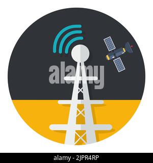 Funkturm mit Satellit. Symbol für Senderantenne. Sendeturm. Digitales Radiosignal. Flaches Symbol in einem Kreis, isoliert auf weiß Stock Vektor