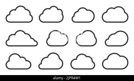 Wolken schwarze Linie Cartoon-Symbol gesetzt. Verschiedene Cloud-Umrissformen für Wettervorhersage, Web-Schnittstelle, Sprechblasenballon, Datenbanktechnologie, Netzwerkspeicheranwendungen, Bezeichnung meteorologie Stock Vektor