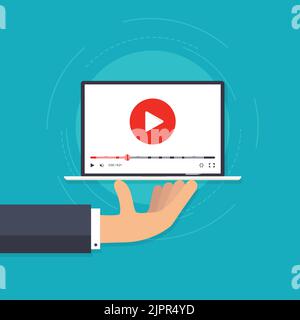 Handgehaltener Laptop mit Videoplayer. Videowiedergabe auf einem Laptop. Symbol für Webinar-Werbung. Social-Media-Präsentation. Online-Lernprogramm Stock Vektor