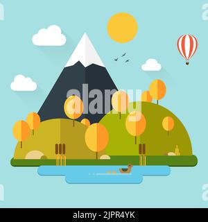 Flache Herbst-Naturlandschaft Illustration im trendigen flachen Design-Stil, umweltfreundlich. Bunte Vektor-flache Naturszene mit Berg, See, Enten, Sonne Stock Vektor