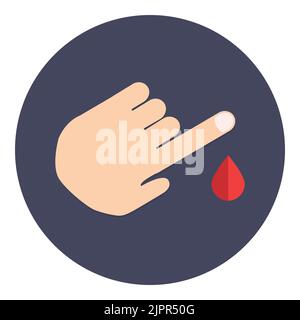 Symbol „Blut aus dem Finger“. Logo-Design für die Blutanalyse. Isoliert auf weißem Hintergrund. Medizinisches Infografik-Element. Konzept der flachen Blutprobe. Vecto Stock Vektor