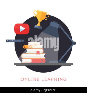 Vektorsymbol für Online-Lernen. Konzept mit flachen Symbolen für Online-Schulungen. Design der Videoschulung. Bücher, Becher, Lampe mit Licht und Videoelemente im Kreis Stock Vektor