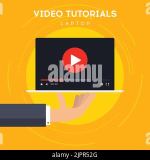 Video-Tutorial auf Laptop. Handgehaltenes Notebook mit Videoplayer. Online-Lernen zu Hause. Digitaler Kurs für Wissenswachstum. Symbol für Videokonferenz Stock Vektor