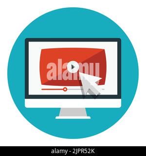 Desktop-Display mit Videoplayer auf dem Bildschirm. Livestreaming-Konzept. Computermonitor mit Videoplayer. Flaches Vektorsymbol im Kreis Stock Vektor