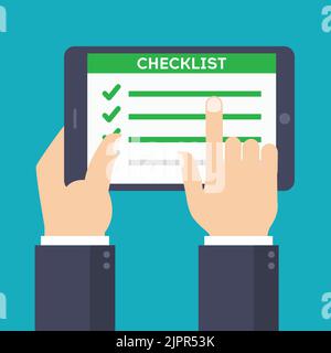 Tablet mit Checkliste. Hände halten Tablet mit Aufgabenliste fertig. Beenden Sie das Projektkonzept. Liste der digitalen Aufgabenberichte mit Häkchen auf dem Tablet Stock Vektor