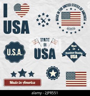 Satz von USA-Symbolen. Hergestellt in den USA hochwertige grafische Abzeichen. Ich liebe das USA-Zeichen. Made in America Label. Patriotische Briefmarkensammlung. Vektorelement Stock Vektor