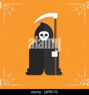 Todessymbol. Cartoon Reaper mit Sense im Mantel. Halloween-Illustration isoliert auf stilisiertem orangefarbenem Hintergrund. Vektorgrafik Stock Vektor