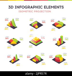 Isometrische 3D-Vektordiagramme und -Diagramme. Isometrische Infografiken mit Diagrammen, Tortendiagrammen und Pyramidendiagrammen. Infografik-Vektordarstellung Stock Vektor