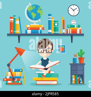 Buch lesen Konzept. Bildung und Schule, Studium und Literatur. Ein Kind, das auf Büchern saß und sein Lieblingsbuch neben dem Bücherregal las Stock Vektor