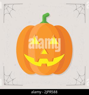 Symbol für leuchtenden Kürbis. Orangefarbener Kürbis mit Lächeln. Halloween-Illustration isoliert auf stilisiertem grauen Hintergrund. Vektorgrafik Stock Vektor
