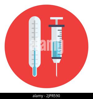 Symbol für Thermometer und Spritze. Medizinisches Thermometer und Spritze flach, Zeichentricksymbole im Kreis. Medizinisches Flachsymbol isoliert auf weißem Hintergrund. Vektor Stock Vektor