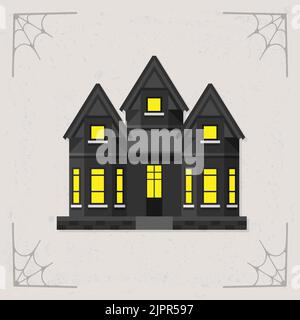 Scary House Ikone. Haunted House in der Nacht. Halloween-Illustration isoliert auf stilisiertem grauen Hintergrund. Vektorgrafik Stock Vektor