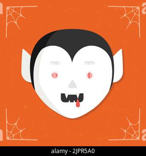 Vampir-Symbol. Niedliche Cartoon gruseligen Vampir-Charakter Kopf. Dracula Kopf mit Blut auf den Zähnen zählen. Halloween Illustration isoliert auf stilisierte orange b Stock Vektor