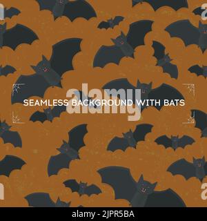 Bat print. Cute repeat bats on orange background. Seamless pattern with flying bat. Halloween vector illustration isolated on stylized dark background Stock Vektor