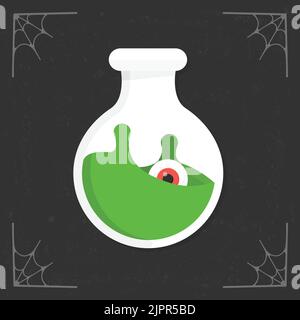 Symbol für die Zaubertrankflasche. Kolben mit Schleim und Augapfel. Hexenflasche mit Gift. Symbol für magisches Elixier. Halloween-Illustration isoliert auf stilisiertem Hintergrund Stock Vektor