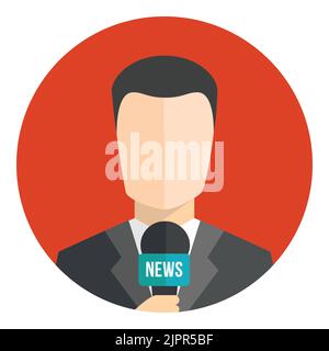 Avatar-Symbol für man-Newsreader. Live-Report-Konzept. Live-Nachrichtenreporter. Männlicher Journalist mit Mikrofon. Flaches Symbol im Kreis isoliert auf weißem Hintergrund Stock Vektor