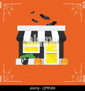 Halloween-Store-Symbol. Mystery gruseligen Shop Markt. Halloween-Illustration isoliert auf stilisiertem orangefarbenem Hintergrund. Vektorgrafik Stock Vektor
