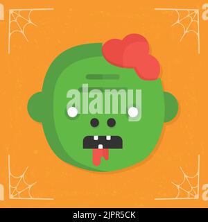 Zombie-Kopf mit Gehirn-Symbol. Cartoon lustige grüne Zombie mit roten Gehirnen außerhalb des Kopfes. Halloween-Illustration isoliert auf orangefarbenem Hintergrund Stock Vektor