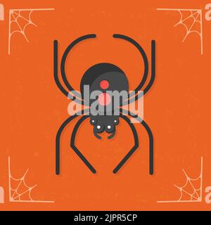 Spider-Symbol. Gruseliges schwarzes Bug-Symbol. Niedliches Cartoon-Insektenlogo. Halloween-Illustration isoliert auf stilisiertem orangefarbenem Hintergrund. Vektorgrafik Stock Vektor