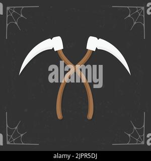 Scythe-Symbol. Cartoon Sense-Tool. Halloween-Illustration isoliert auf stilisierten dunklen Hintergrund. Vektorgrafik Stock Vektor