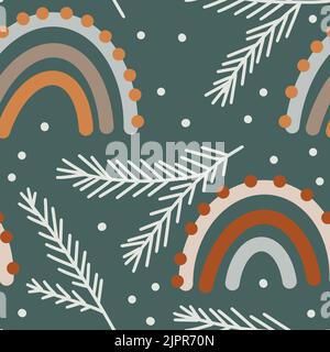 Handgezeichnetes nahtloses Muster mit neutral beigefarbenen Boho-Regenbögen und Winter-schneeflocken auf pastellfarbenem Hintergrund. Neujahr Geschenkpapier dezember Kinderzimmer-Design, ethnische Cartoon-Stil Stockfoto