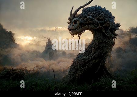 3D Illustration eines verfluchten Drachen, der in einen Baum verwandelt wurde. Stockfoto