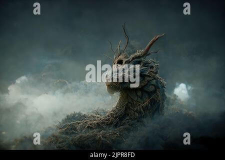 3D Illustration eines verfluchten Drachen, der in einen Baum verwandelt wurde. Stockfoto