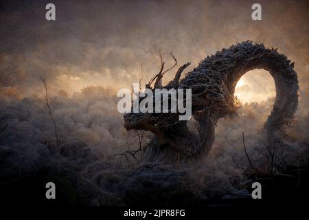 3D Illustration eines verfluchten Drachen, der in einen Baum verwandelt wurde. Stockfoto