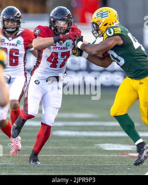 Ottawa, Kanada. 19 Aug 2022. O47o47 in den Edmonton Elks in Ottawa Redblacks reguläre Saison Canadian Football (CFL) Spiel im TD Place Stadium in Ottawa gespielt. Quelle: Sean Burges/Alamy Live News Stockfoto