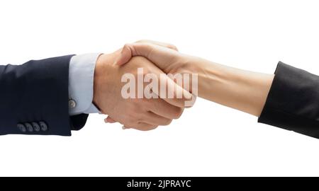 Nahaufnahme von Geschäftsleuten Handshake im Büro nach dem Treffen - erfolgreicher Geschäftsmann und Geschäftsfrau Handshake nach gutem Geschäft - isoliert Stockfoto