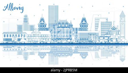 Skizzieren Sie die Skyline von Albany New York City mit blauen Gebäuden und Reflexionen. Vektorgrafik. Albany USA Stadtbild mit Wahrzeichen. Geschäftsreisen und Stock Vektor