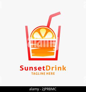 Logo mit Orangensaft, Fresh Drink und Sonnenuntergang Stock Vektor