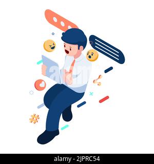 Flat 3D Isometric Geschäftsmann mit Social Media auf Tablet. Social Media Marketing Konzept. Stock Vektor