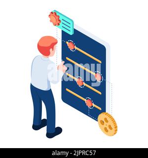 Flacher isometrischer Geschäftsmann 3D mit Business Adjustment Panel. Business Adaptation Konzept. Stock Vektor