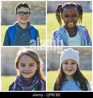 Glückliche Gesichter. Zusammengesetzte Aufnahme von Kindern aus der Grundschule, die draußen stehen. Stockfoto