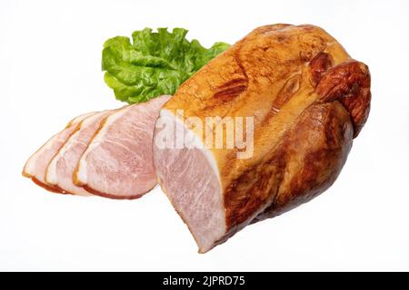 Geräuchertes Rindfleisch und Grün auf einem isolierten studio Hintergrund Stockfoto