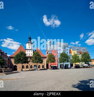 Historisches Rathaus, Jentower im Hintergrund, Markt, Jena, Thüringen, Deutschland Stockfoto