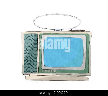 Aquarell Stil Zeichnung eines Retro-tv-Set ovr weißen Hintergrund Stockfoto