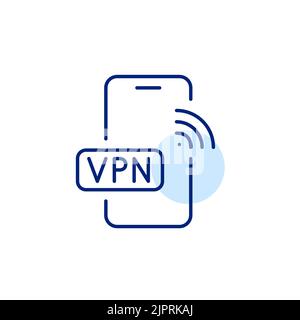 Sichere und private VPN-Verbindung, die auf einem Telefon verwendet wird. Pixel-perfektes, bearbeitbares Strichliniensymbol Stock Vektor