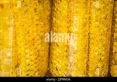 Honig und Waben in Glasflaschen verpackt zum Verkauf. Stockfoto