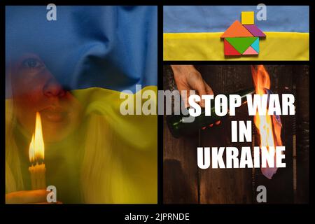 Ein Mädchen betet vor dem Hintergrund der Nationalflagge und des Wappens der Ukraine, Frieden in der Ukraine, Kriegsrecht, ein Gebet für die Ukraine, eine Collage o Stockfoto